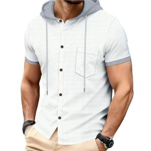Heren Hoodies Shirt Korte Mouw Knoopsluiting met Trekkoord Capuchon Sweatshirt met Borstzak Wit L