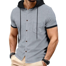 Heren Hoodies Shirt Korte Mouw Knoopsluiting met Trekkoord Capuchon Sweatshirt met Borstzak Grijs XL