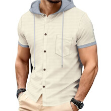 Heren Hoodies Shirt Korte Mouw Knoopsluiting met Trekkoord Capuchon Sweatshirt met Borstzak Kaki M