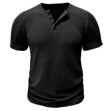 Heren Geribbelde Henley Shirt Korte Mouw Slim Fit Spier Shirt Fitted Casual T-Shirt Zwart M