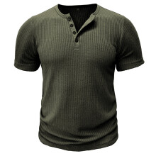 Heren Geribbelde Henley Shirt Korte Mouw Slim Fit Spier Shirt Fitted Casual T-Shirt Legergroen XXXL