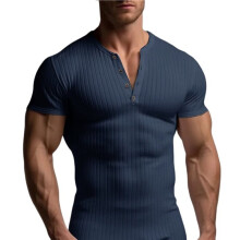 Heren Geribbelde Henley Shirt Korte Mouw Slim Fit Spier Shirt Fitted Casual T-Shirt Donkerblauw S
