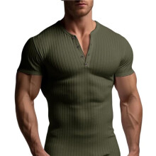 Heren Geribbelde Henley Shirt Korte Mouw Slim Fit Spier Shirt Fitted Casual T-Shirt Legergroen S