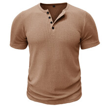 Heren Geribbelde Henley Shirt Korte Mouw Slim Fit Spier Shirt Fitted Casual T-Shirt Khaki XL
