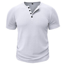 Heren Geribbelde Henley Shirt Korte Mouw Slim Fit Spier Shirt Fitted Casual T-Shirt Wit XXXL