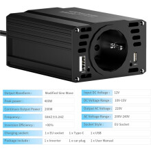 DC12V to AC 220V 50HZ Modified Wave Inverter Solar Car Power 400W Voltage Portable Converter TYPE-C USB EU