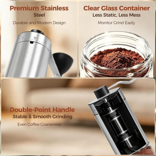 Manual Coffee Grinder with 40 External Grind Settings, Ceramic Conical Burr Hand Coffee Grinder,for Espresso, Pour 1