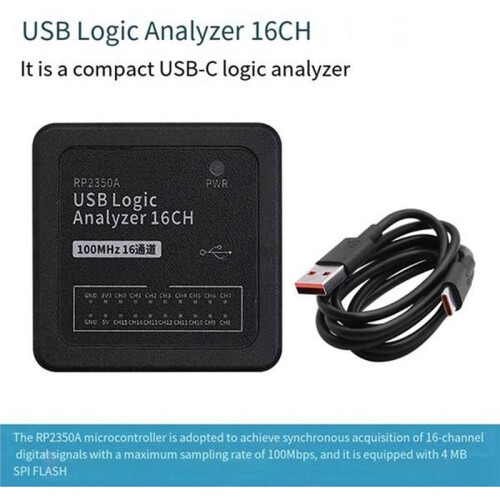 USB Logic Analyzer 16CH, Compacte USB-C Logic Analyzer, RP2350A Microcontroller, 16CH Digitale Signaal Synchronisatie Acquisitie 2