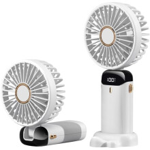 (Portable, White) Rainberg Rechargeable Hand held Fan with LED Display, 5-Speed Settings, 5000mAh Battery, 90-Degree Adjustable, Desk Fan