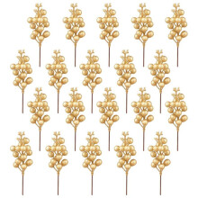 20 Pc Artificial Berry Stems, 7.5 Inches Christmas Glitter Berries Stems,Artificial Christmas Picks for Xmas Tree(Gold)