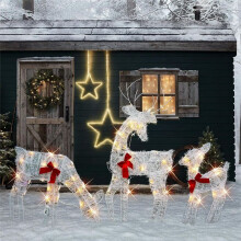Lighted Christmas 2D Reindeers Outdoor Decorations, Pre-Lit Light Xmas Rudolph & Santa Sleigh with Lights,Baby Deer