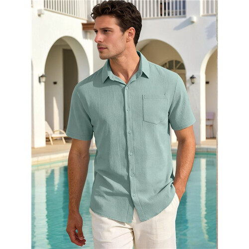 Men'S Textured Crinkle Fabric Short Sleeve Button Down Casual Shirt with Pocket Green XL 1