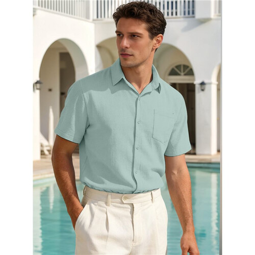 Men'S Textured Crinkle Fabric Short Sleeve Button Down Casual Shirt with Pocket Green XL 2