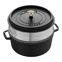 STAUB 26CM CAST IRON COCOTTE WITH STEAMER BLACK, BRASS KNOB, GREEN BOTTOM
