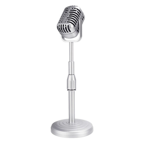 3X Desktop Microphone Prop Model with Adjustable Height, Classic Retro Style Microphone Stand Fake Mic Prop,Silver