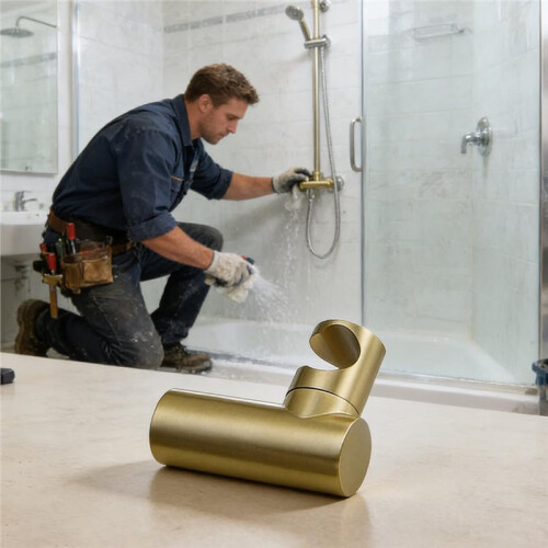Brushed Gold Shower  Holder, Round Brass Wall Mounted Bracket, Modern Luxury Handheld Shower Wand Support 2