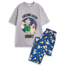 (Medium) Wallace And Gromit Short Sleeve Long Leg Pyjama Set (Mens Grey)
