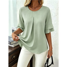Blouses de Base à Manches Courtes Froncées à Col Rond Décontractées pour Femmes, Coupe Ample et Courbée Vert Clair XL