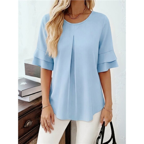 Blusas Básicas Plissadas de Manga Curta Soltas com Decote Redondo para Mulheres Azul Céu L
