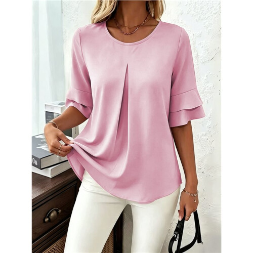 Blusas Básicas Plissadas de Manga Curta Soltas com Decote Redondo para Mulheres Rosa M 2