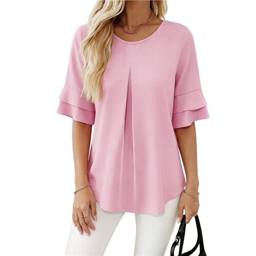 Blusas Básicas Plissadas de Manga Curta Soltas com Decote Redondo para Mulheres Rosa M 1