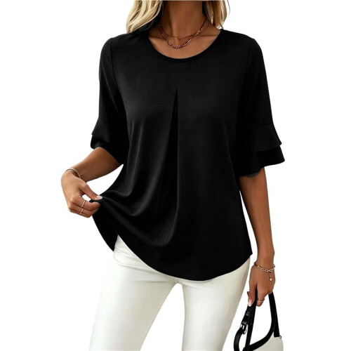 Blusas Básicas Plissadas de Manga Curta Soltas com Decote Redondo para Mulheres Preto M