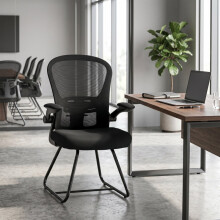 Reception Chair, Conference Meeting Office Chair with Flip-up Armrest, Mesh Backrest, Lumbar Support and Metal Base