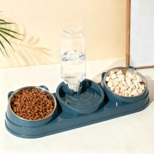 Triple Cat Bowls Set with Auto Water Bottle Blue