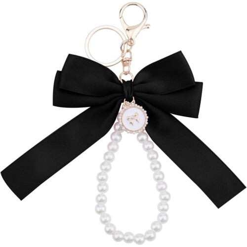 Black Pearl Chain Bow Keychain for Women White Pearl