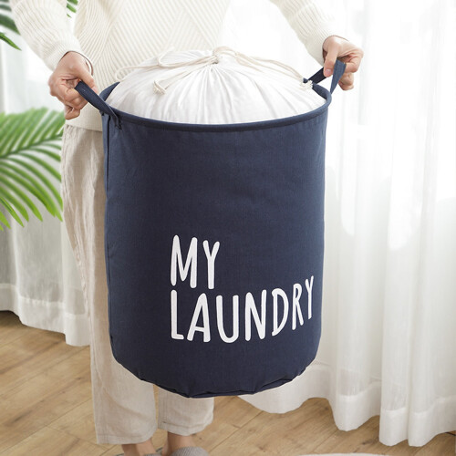 Laundry Basket Waterproof Foldable Drawstring Bag Navy Blue 2