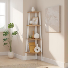 Corner Ladder Shelf - Steel Frame - Natural Oak and Matte White - 4-Tier Design