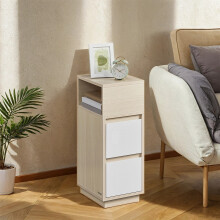 Set of 2 Narrow Side Tables - Wood - Beige - Slim Design with 2 Drawers and 1 Open Compartment