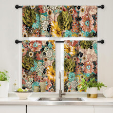 Bohemian Mandala Floral Kitchen Curtains 3-Piece Set 36 inch