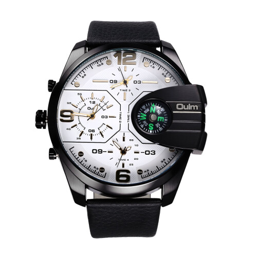 Men's Leather Quartz Watch Multi-Time Zone Large Dial PU