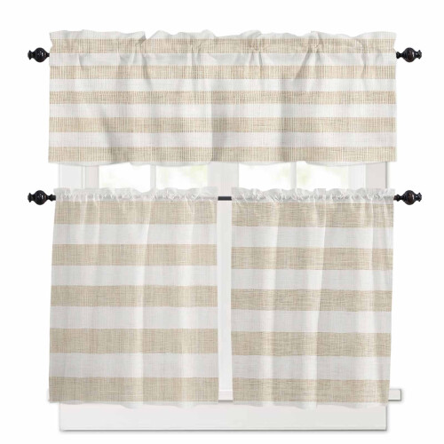 Linen Striped Beige Kitchen Curtains and Valances Set