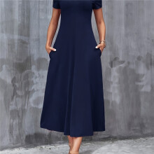 (Navy Color, 18) Women's Casual V-Neck Short Sleeve A-Line Dress with Pockets - Solid Color, Medium Stretch, Machine Washable,