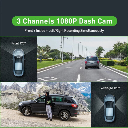 3-Channel Dash Cam Front Interior Left Right Full HD 1080P 1