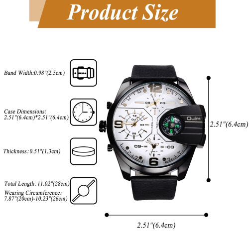 Men's Leather Quartz Watch Multi-Time Zone Large Dial PU 1