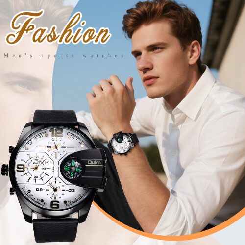 Men's Leather Quartz Watch Multi-Time Zone Large Dial PU 2