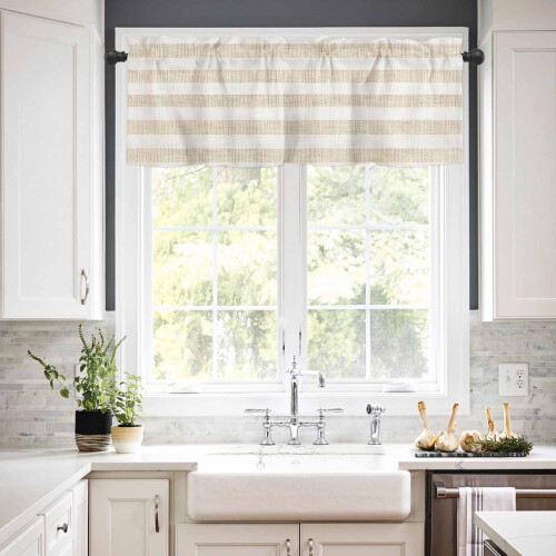 Linen Striped Beige Kitchen Curtains and Valances Set 2