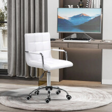 Office Chair, Makeup Vanity Chair, Mid Back Computer Chair, PU Leather Swivel Study Chair with Adjustable Height, Armrest and Rolling Wheels, White