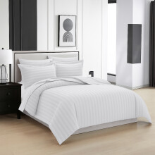 (Single , White) Luxury Stripe Duvet Cover Bedding Set Fitted Sheet