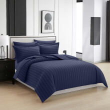 (Double, Navy) Luxury Stripe Duvet Cover Bedding Set Fitted Sheet