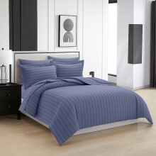 (King, Washed Blue) Luxury Stripe Duvet Cover Bedding Set Fitted Sheet