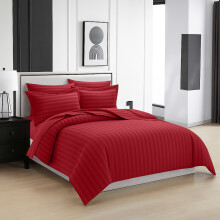 (King, Burgundy) Luxury Stripe Duvet Cover Bedding Set Fitted Sheet