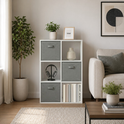 Charles Jacobs (White + 3 Grey Drawers) Charles Jacobs White 6 Cube Open Book Shelf Storage Unit 1