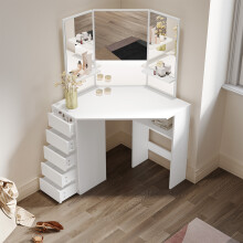(White) Elegant Corner Dressing Table with 3 Mirrors & 5 Drawers, Vanity Table with Side Shelves, 111 x 78.5 x 141.5cm