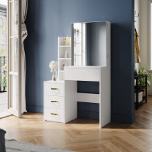 Elegant Sliding Mirror Dressing Table with Storage, Modern Vanity Desk with Hidden Shelves, 4 Drawers & Side Shelving for Bedroom