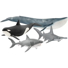 Schleich Wild Life - 4PC Ocean Animal Figurine Playset - Includes Blue Whale, Orca, Hammer Head and Great White Shark Figures - 3+ | 77591