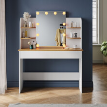 (Oak & White) Elegant Dressing Table with Mirror & LED Lights, Vanity Desk with Side Shelves, Large Drawer with 3 Compartments, MFC